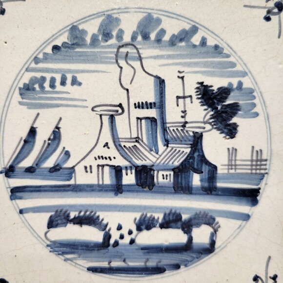 Antique Delft Tiles in Wood Frames 1800's Set of 2 - Picture 3 of 9